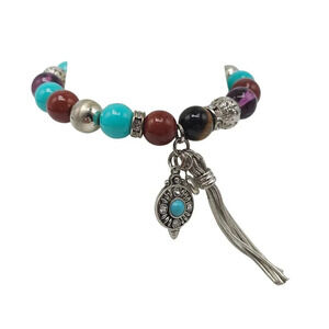 RJ Graziano Cn Blue Turquoise Multicolor Beads Tassel Charm Stretch Bracelet VTG